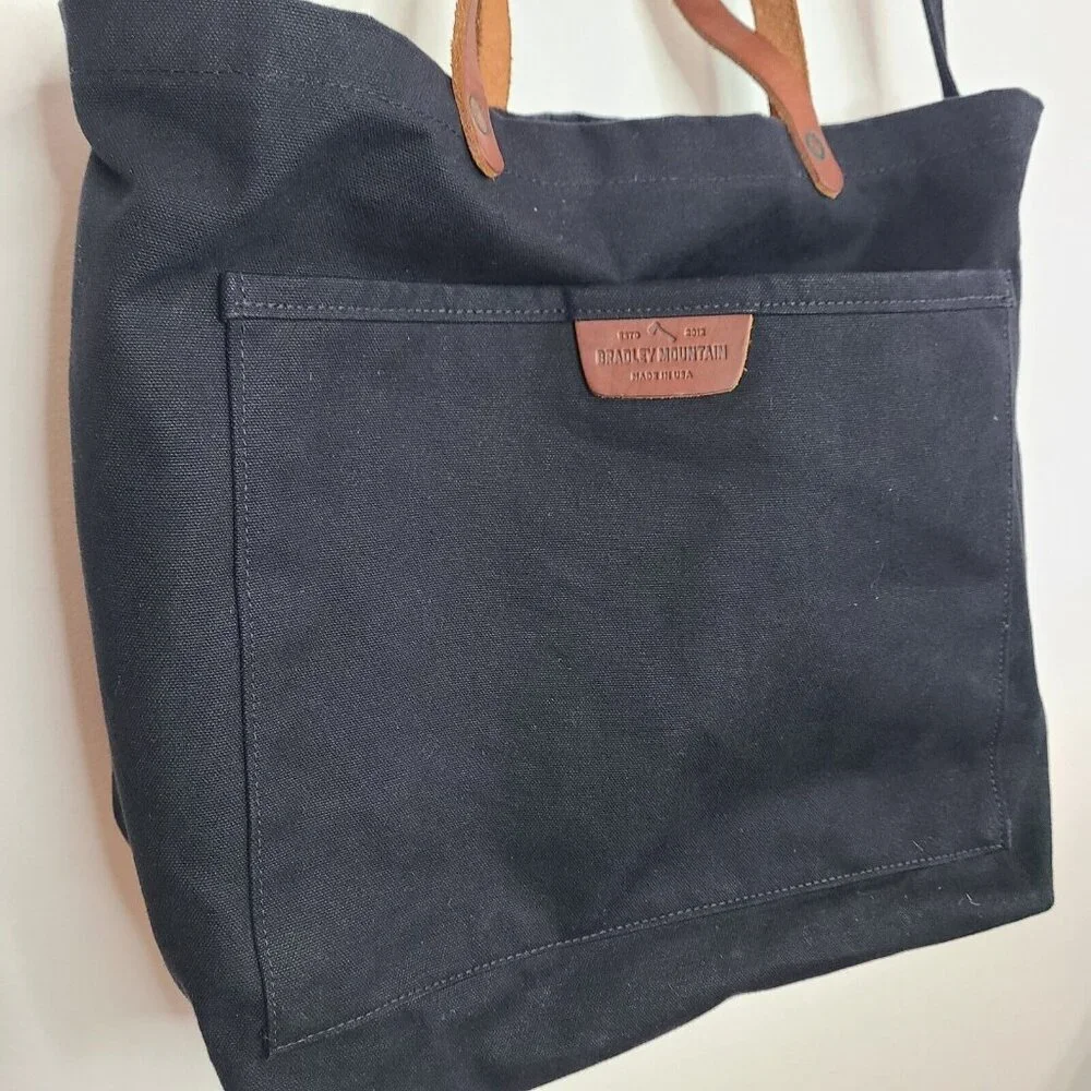 Black Canvas Tote Bag with Brown Leather Handles - Picture 5 of 8